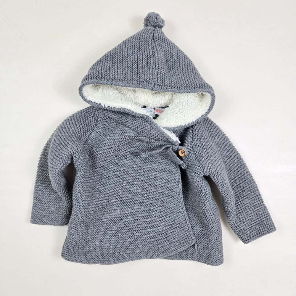 Zara Baby Sweater/Jacket 3-6 Months Gray Hooded Knit Sherpa Lining Inside Hood - Picture 1 of 5
